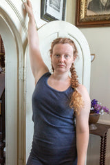 model wearing blue cashmere singlet and undie