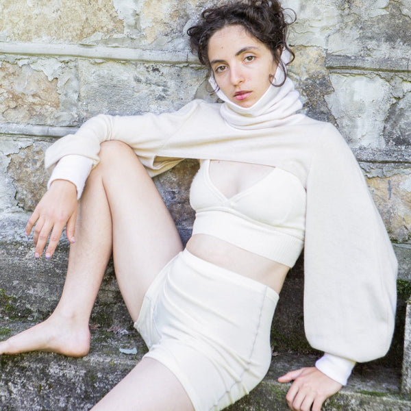 sartoria model wearing custom fit handmade winter wool lingerie